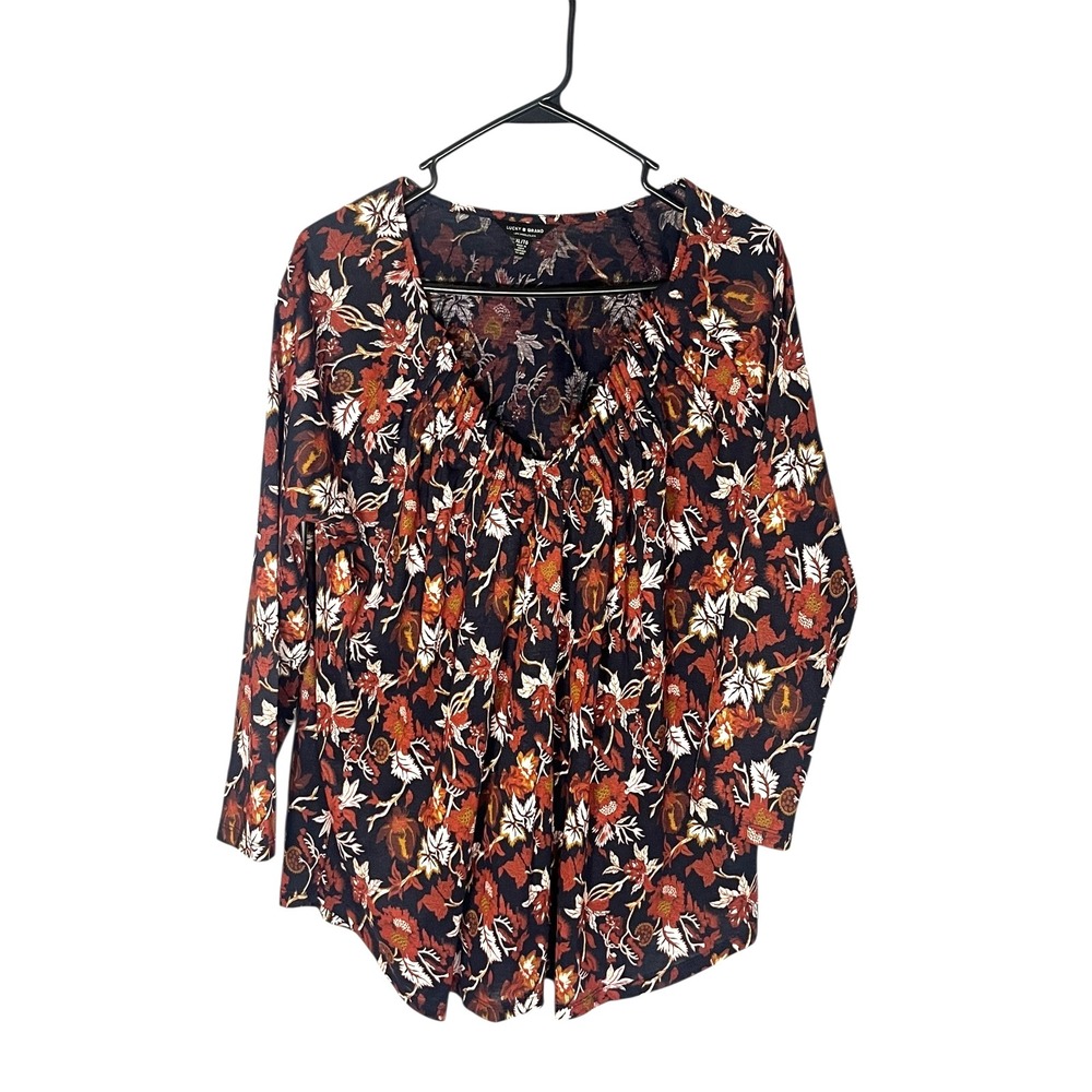 Lucky‎ Brand Womens Size XL Floral Tunic Top Shirt 3/4 Sleeve V Neck Pleated